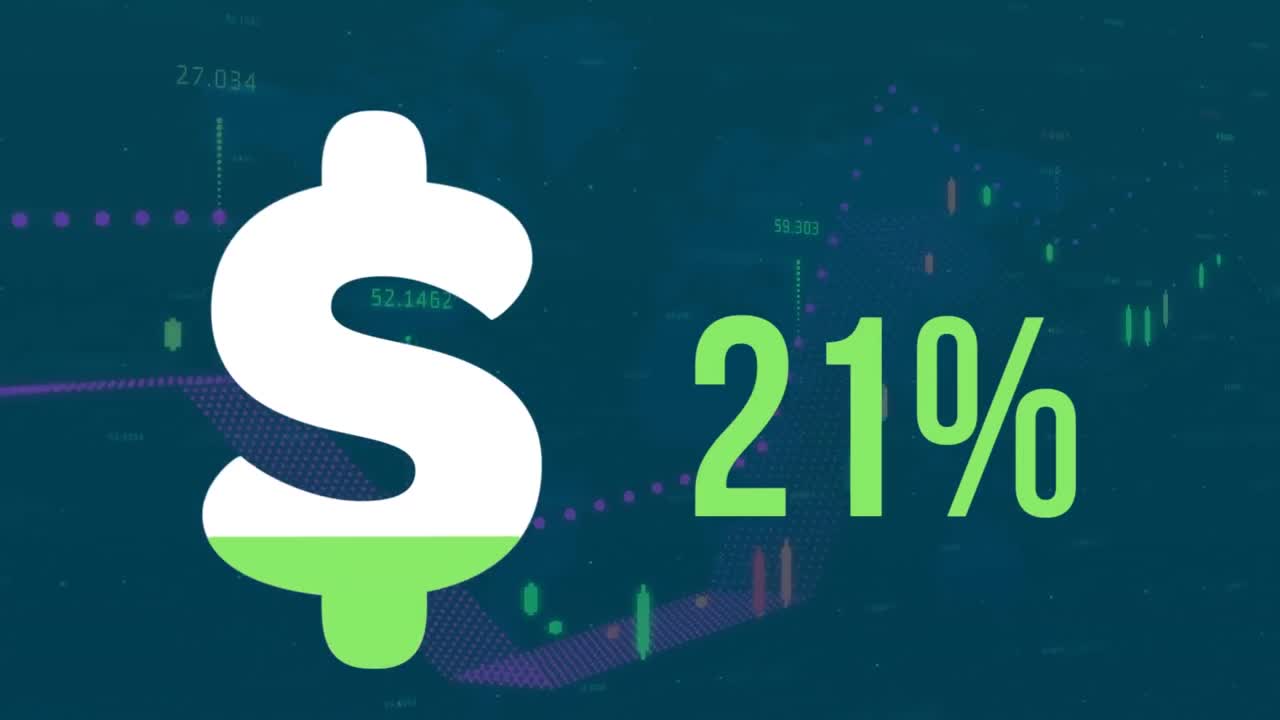 Animazione del simbolo del dollaro con percentuale su elaborazione di dati finanziari
