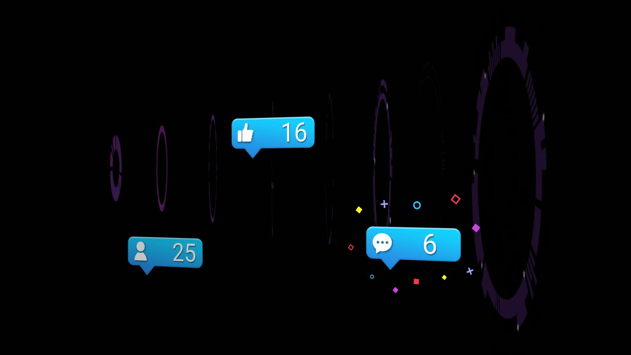 Floating social media notifications with colorful shapes on dark animation background