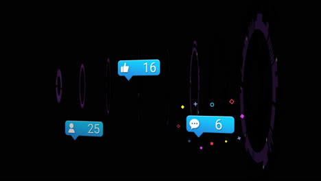 floating social media notifications with colorful shapes on dark animation background