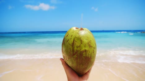 hand holding coconut with straw in front of caribbean sea on tropical beach