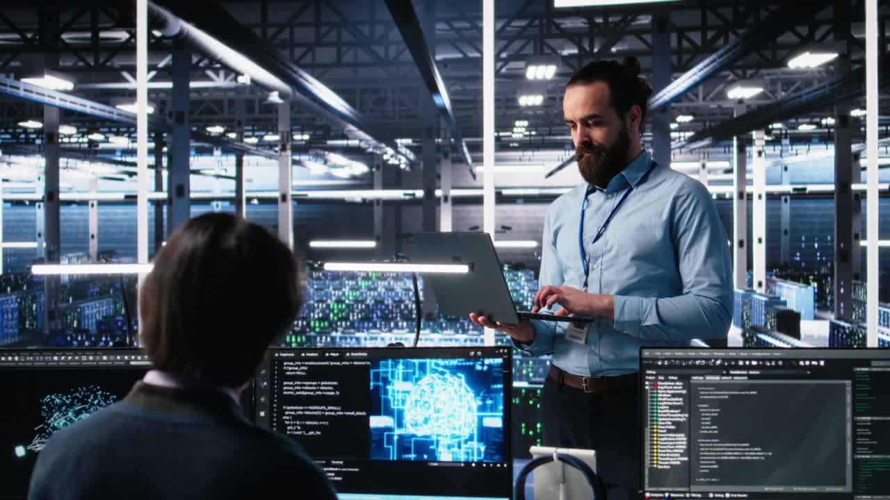 Data Center Technician Using Laptop To Monitor Neural Network Ai Llm ...