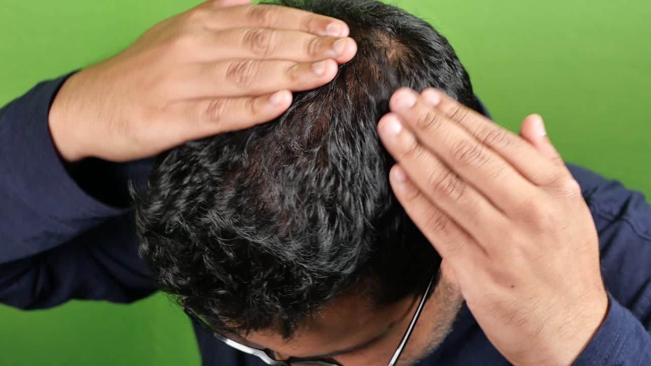 Hair loss concept with man checking his hair