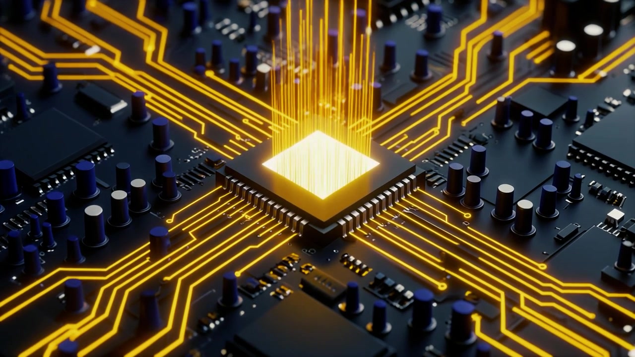 CPU-chip aktiveres med glødende datastrømme på et kredsløbskort.