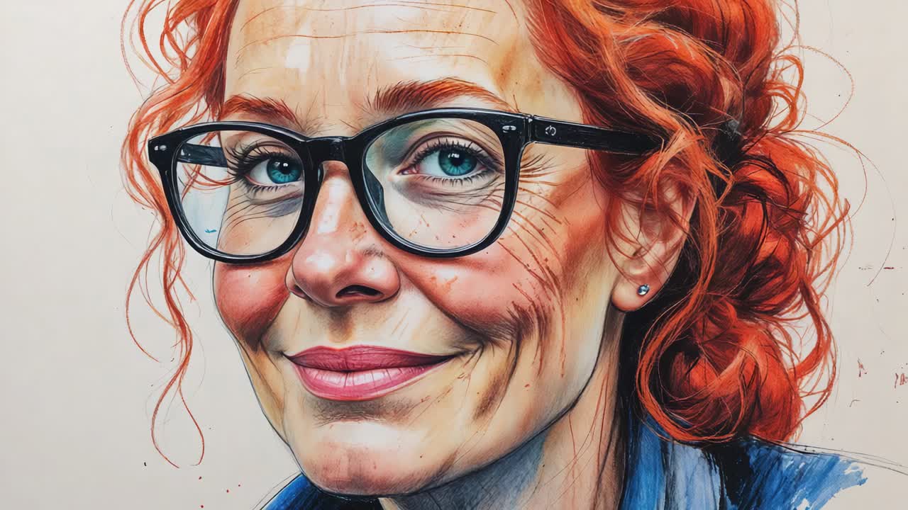 Starting woman in black-framed glasses lowering gaze, closing eyelids at white wall reflecting calm