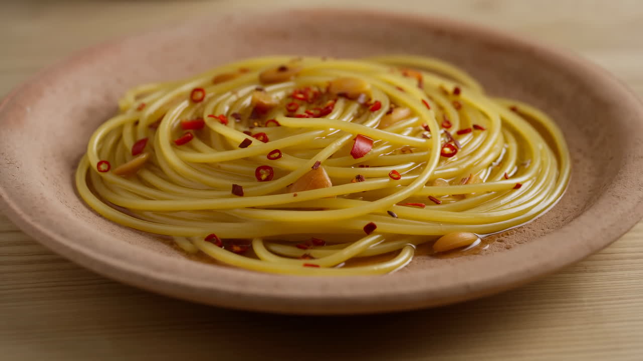 Spageti Mengkilap dengan Cabai di Piring, Kilau Minyak Zaitun dan Irisan Bawang Putih, Penataan Aglio Olio Sederhana di Latar Pedesaan.