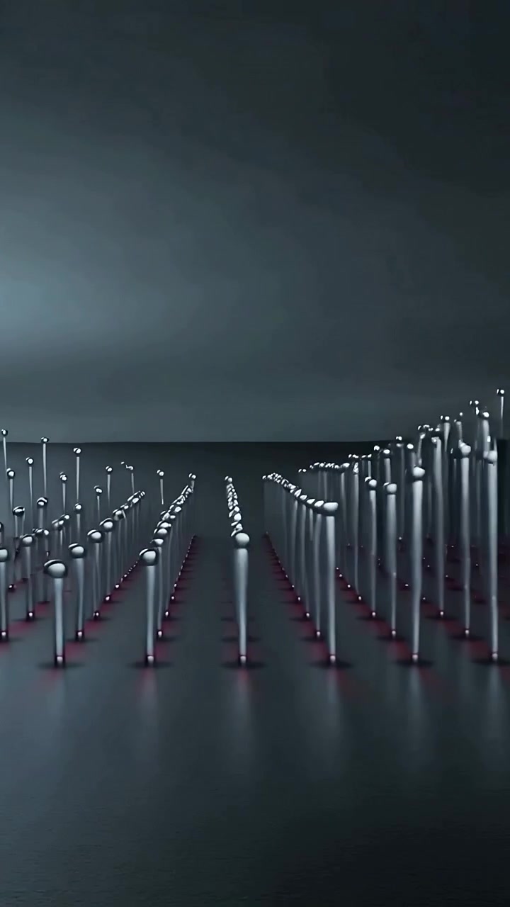 Video verticale: Onda attivante che muove pali di metallo su e giù in studio, mostrando un corridoio centrale