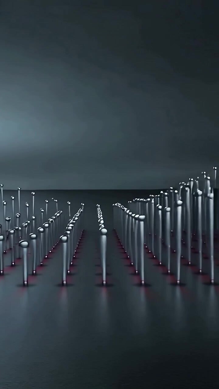 Video verticale: Onda attivante che muove pali di metallo su e giù in studio, mostrando un corridoio centrale