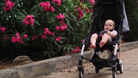 a summer stroll in a blossoming park finds a young mother walking with her baby in a stroller. the contentment she experiences with her son is evident