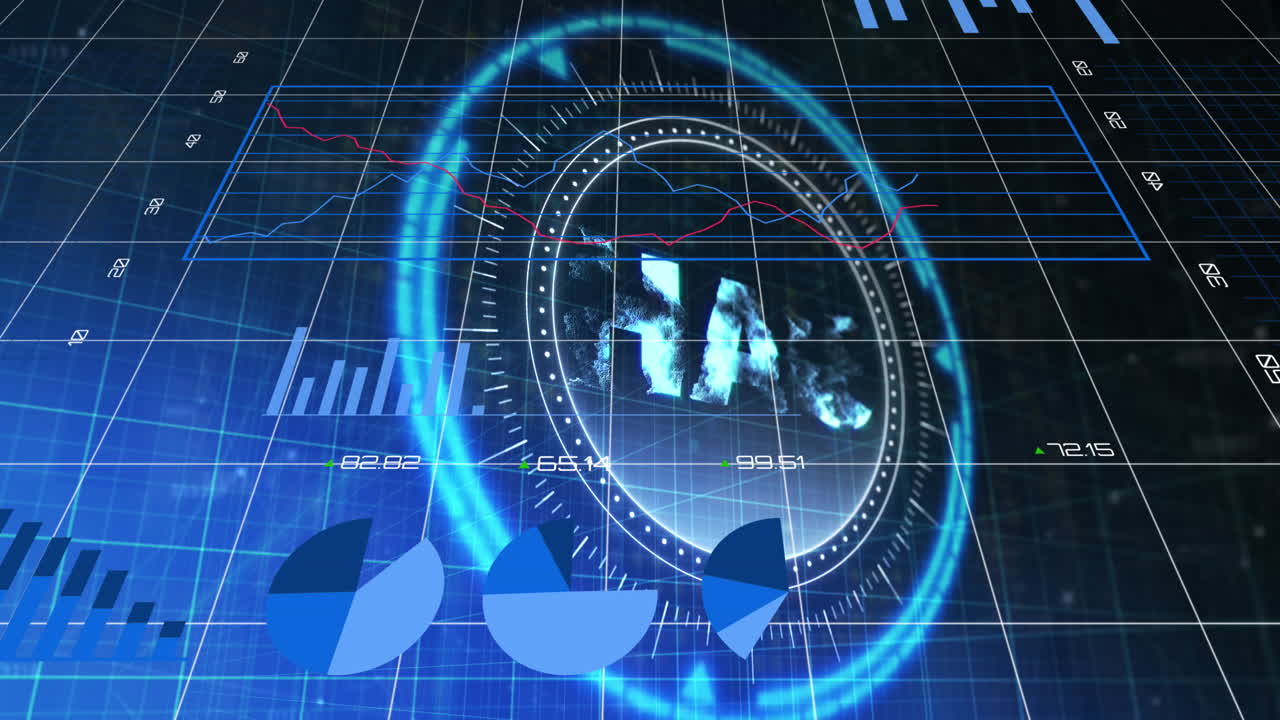 검은색 배경에 uah 기호와 함께 범위 스캐닝을 통해 금융 데이터 처리의 애니메이션