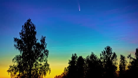 Cometa-Deslumbrante-Ardiendo-A-Través-De-Un-Cielo-Nocturno-Azul-Brillante-Justo-Después-Del-Atardecer