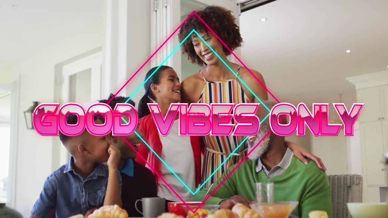 Animation of good vibes only text with african american family smiling