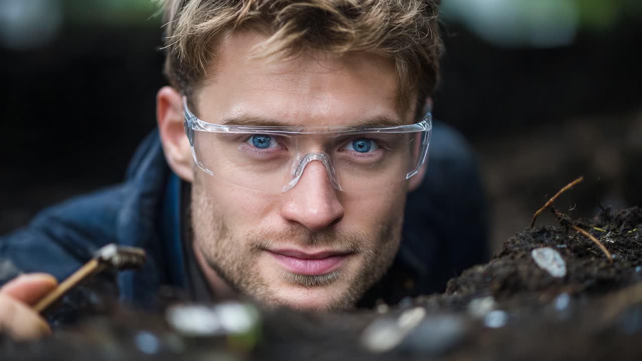 An Enthusiastic Young Archaeologist Engaging in a Passionate Excavation Adventure, Carefully Discovering Artifacts Beneath the Ground While Sporting Protective Gear