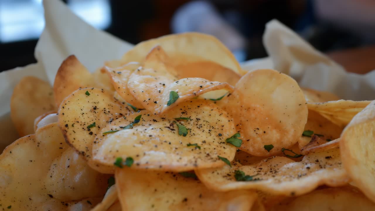 Golden brown potato chips generously piled in woven basket. Featuring aromatic herbs and spices. Presenting crispy. Tempting snack with rich flavor and crunchy texture against clean white background