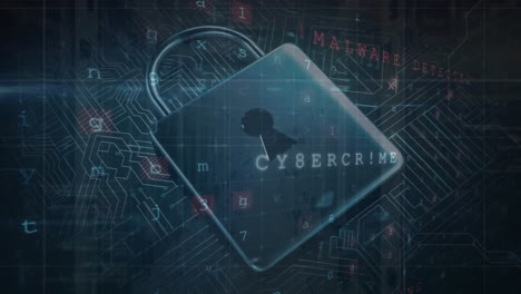 animation of security padlock icon and cyber security data processing against computer server room