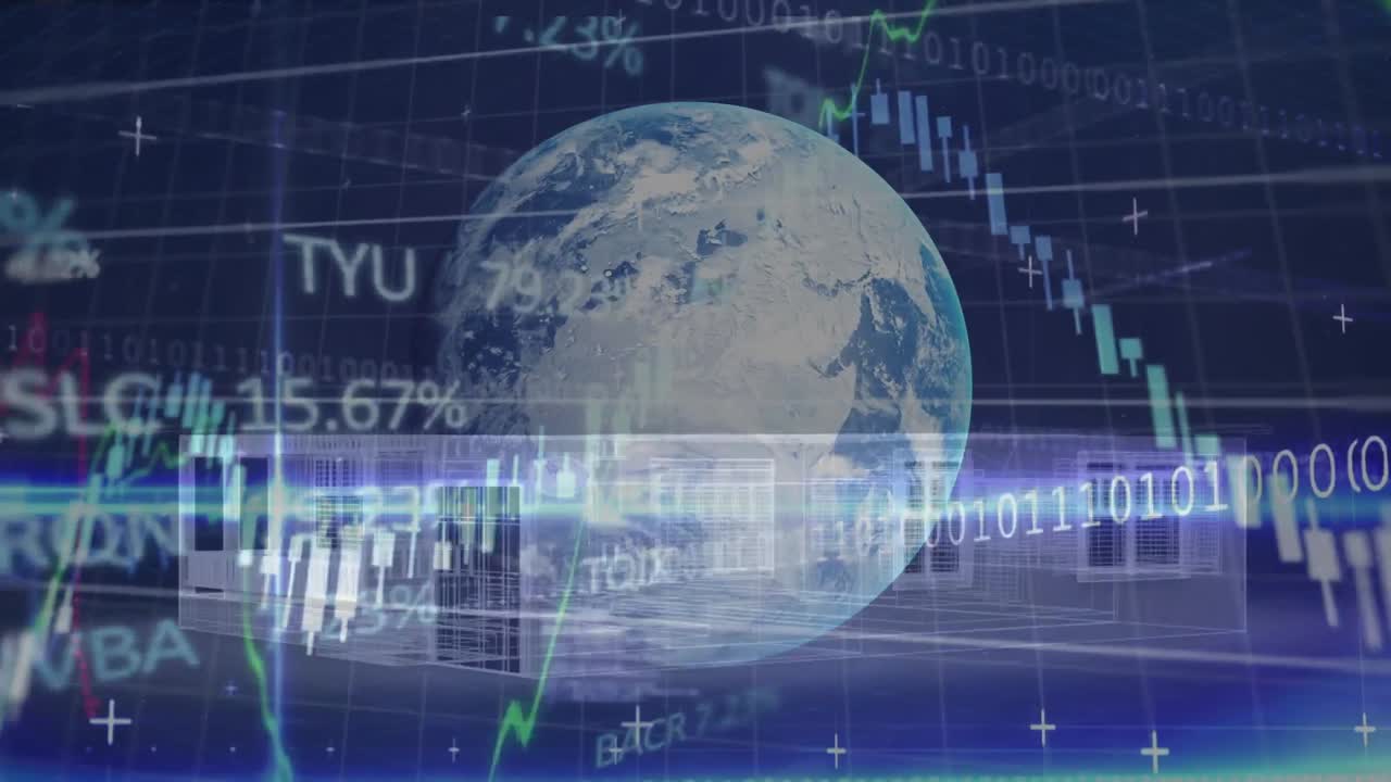 animación del globo, codificación binaria procesamiento de datos sobre la casa.