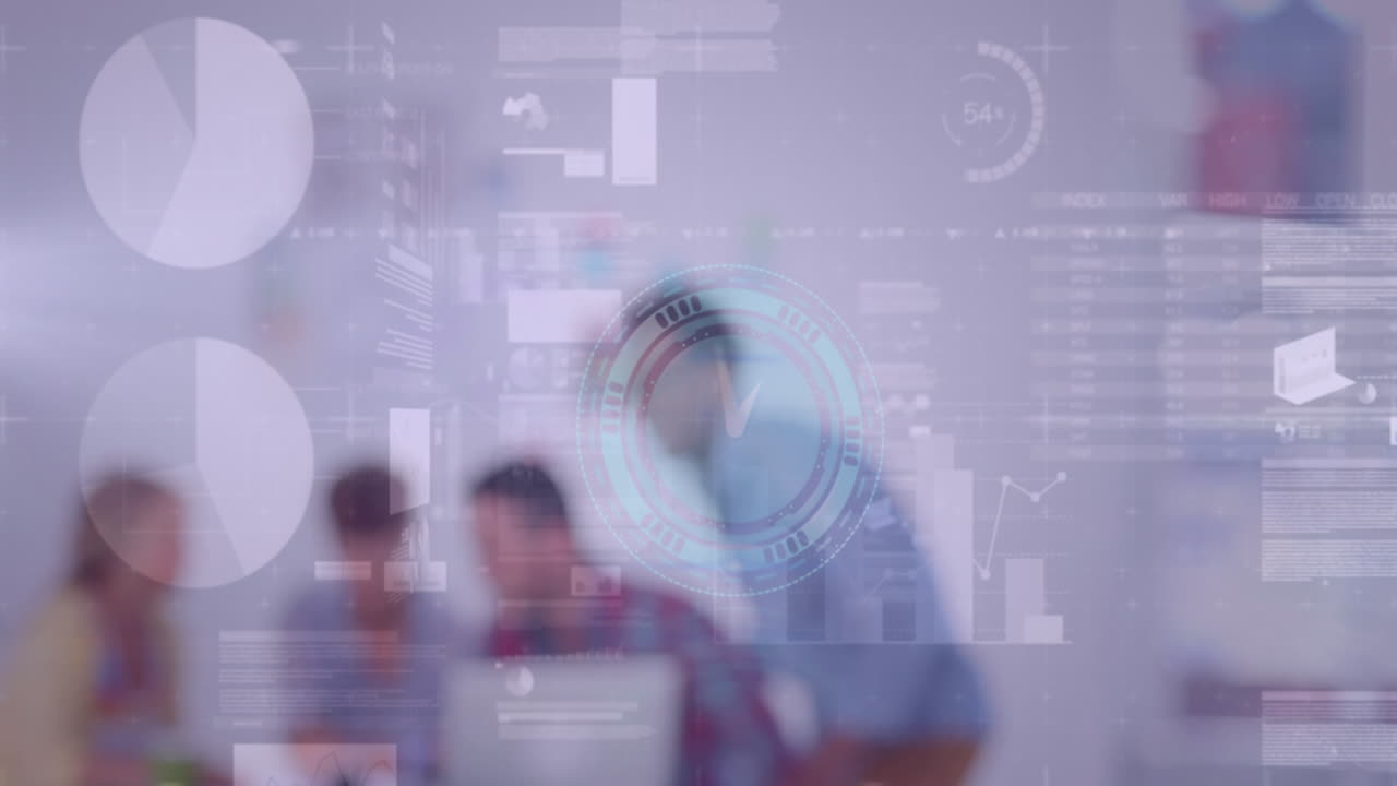 Animation of clock, statistics and data processing over business people at meeting