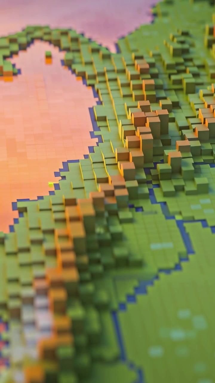 Vertical video: Panning camera tracing voxel coast on map revealing orange ridge and blue lines