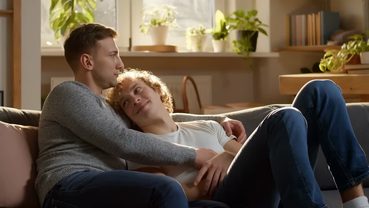 A Loving Male Couple Relaxing Comfortably on a Couch at Home