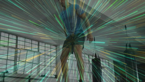hombre haciendo ejercicio en el gimnasio con rayas de luz dinámicas animación sobre el fondo