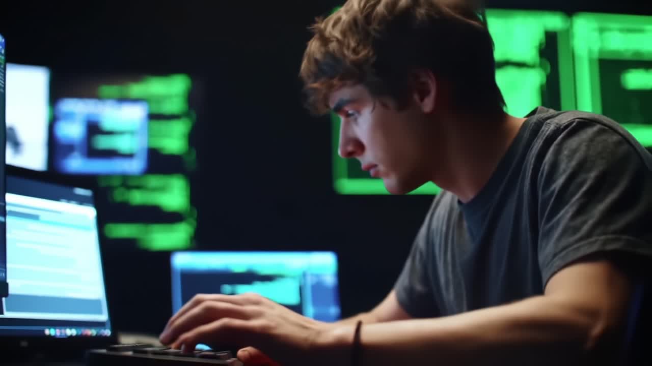 Focused Programmer Engaging in Cybersecurity Analysis Amidst a Digital Landscape Filled with Code and Data Streams Representing Modern Technology Challenges