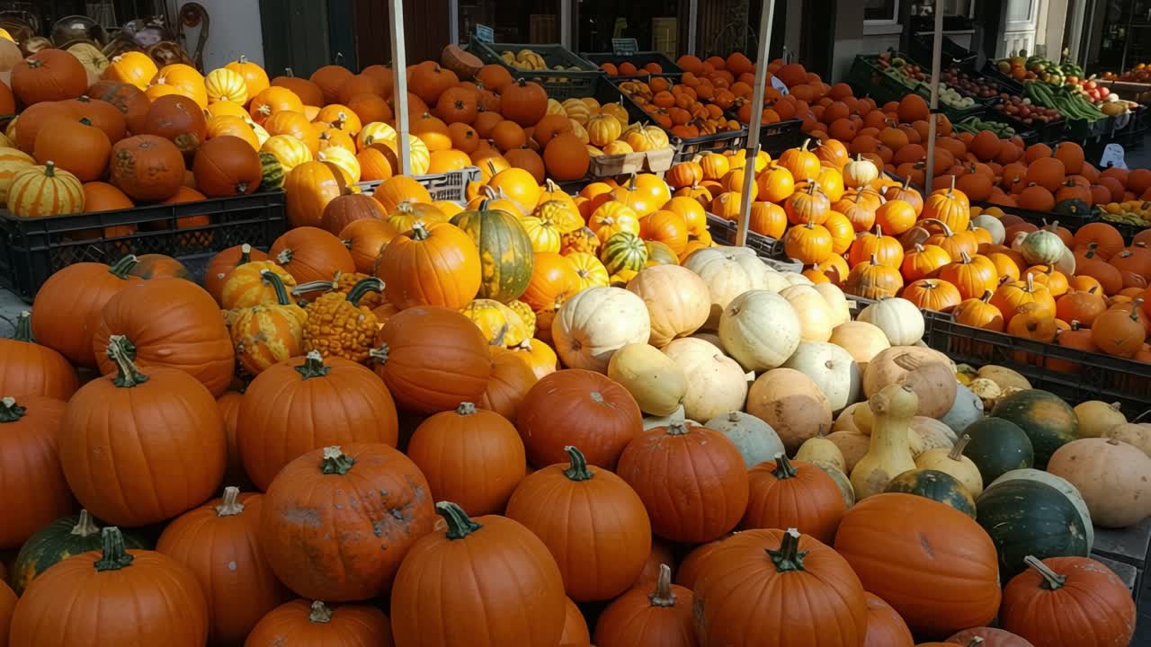 Vibrant Market Display of Fresh Pumpkins and Gourds Showcasing a Colorful Variety of Shapes, Sizes, and Textures During the Autumn Harvest Season