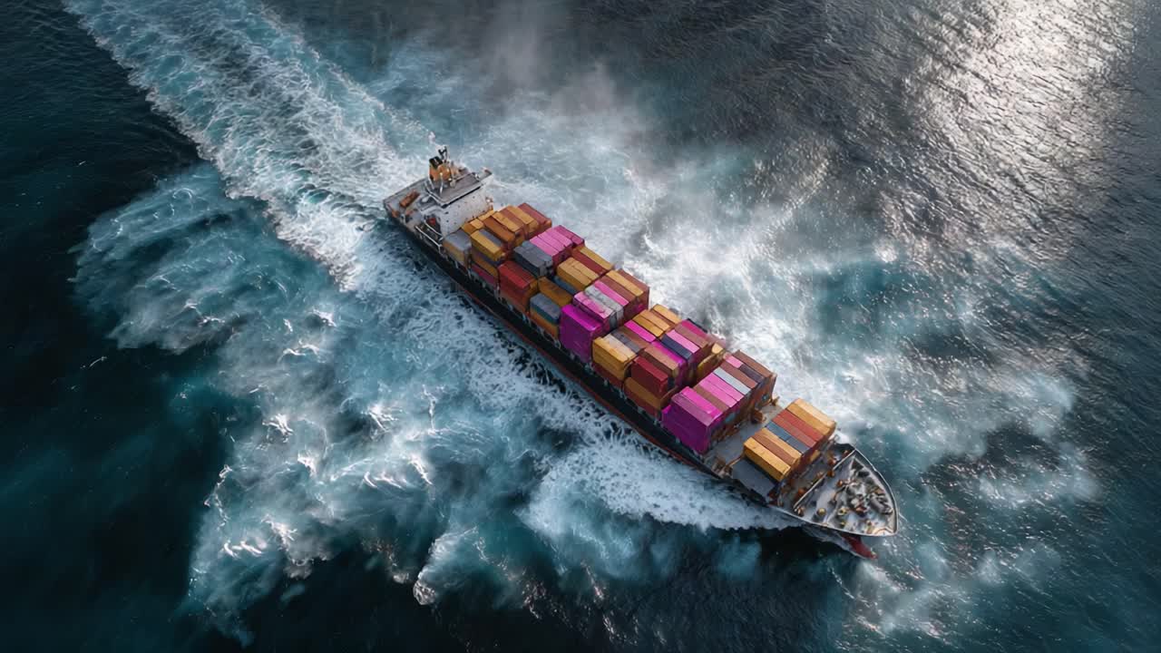 Aerial View of a Cargo Ship with Colorful Containers Navigating Through the Ocean Waves, Capturing the Beauty of Maritime Logistics and Trade