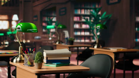 biblioteca antigua vacía con estantes de madera y lámparas verdes clásicas
