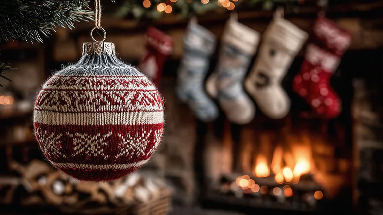 A Cozy Holiday Scene Featuring a Beautiful Knitted Ornament Hanging Near the Fireplace Surrounded by Christmas Stockings and Warm Flickering Flames