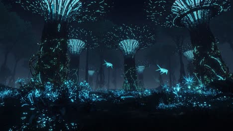 magical bioluminescent forest filled with glowing flora and whimsical creatures, showcasing otherworldly vibes under a starry sky, immersive fantasy landscape