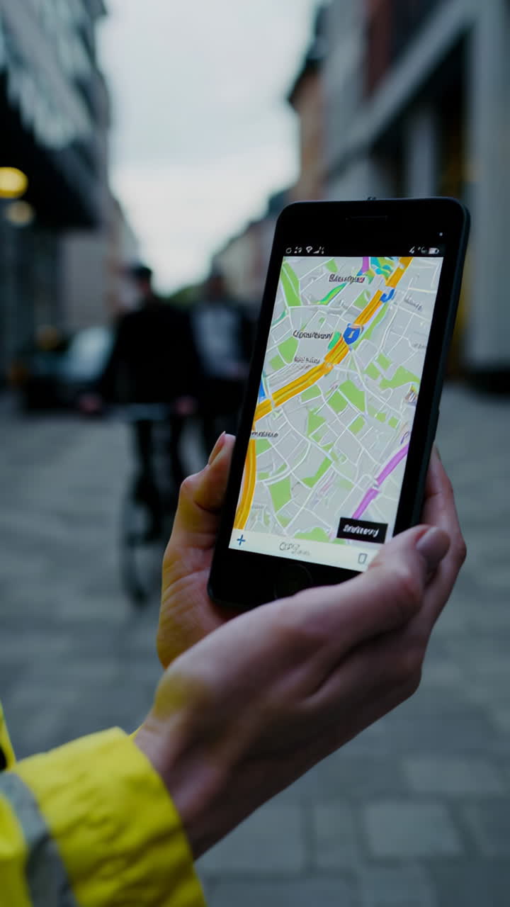 Person using navigation app on smartphone in city