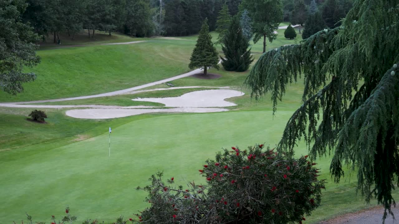 회색빛 날에 나무 사이로 빈 골프장에 있는 벙커의 긴 샷