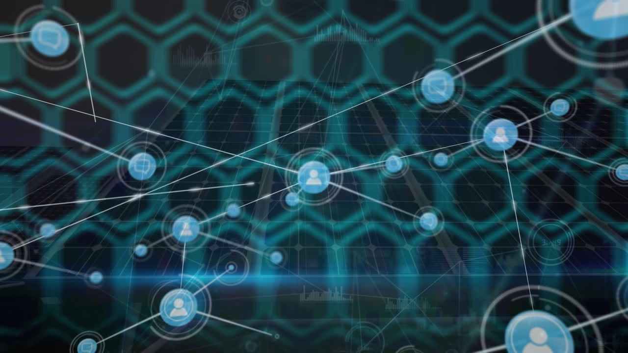 animación de la red de conexiones y datos sobre un fondo negro con hexágonos