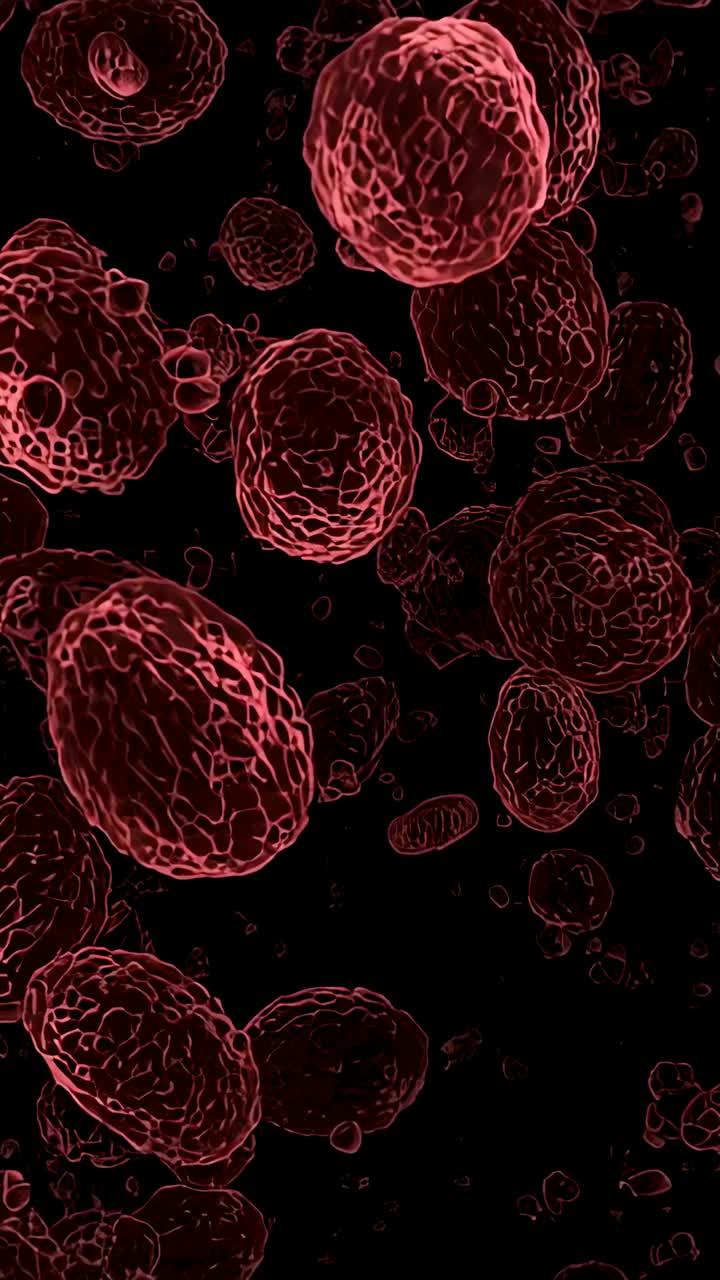 Vertical video: Emerging red discs drifting down in dark void, with vesicles weaving among discs