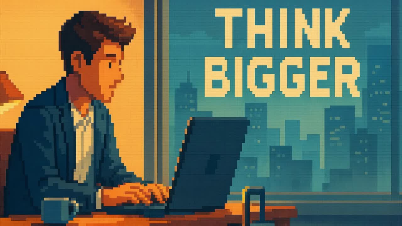 Young man in a suit working on a laptop at a desk, illuminated by warm light, with a city skyline and motivational text in the background, inspiring creativity and ambition