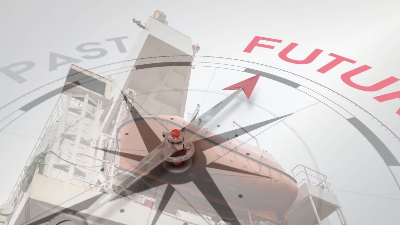 항구 위로 이동하는 나침반의 애니메이션