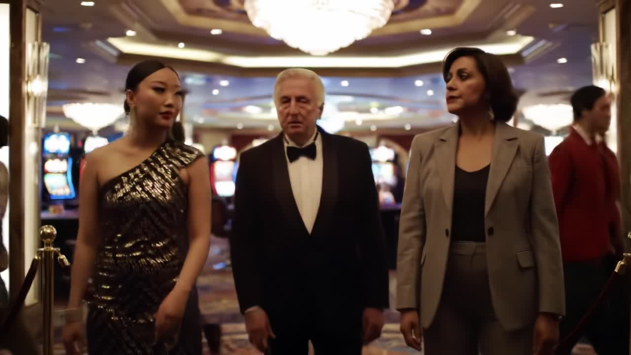 A Glamorous Night at the Casino: An Elegant Trio in Evening Attire Stands Before Slot Machines, Embodying Luxury and Anticipation in a Lavish Environment