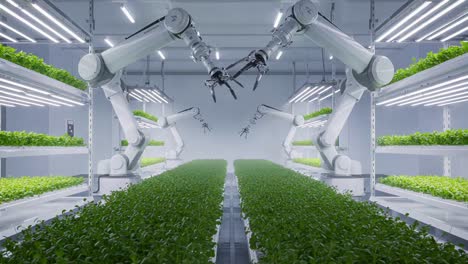 innovative agricultural robotics: automated systems cultivating lush greenery in a high-tech vertical farm environment for sustainable food production