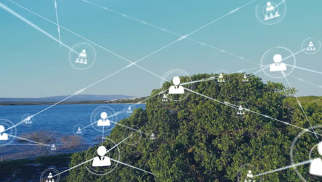 Animation of network of connections with icons over landscape