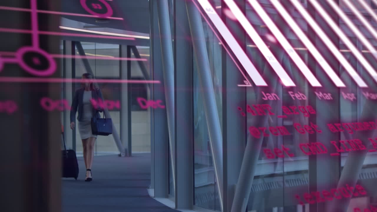 짐을 들고 있는 다양한 사업가들에 대한 그래프와 데이터의 애니메이션