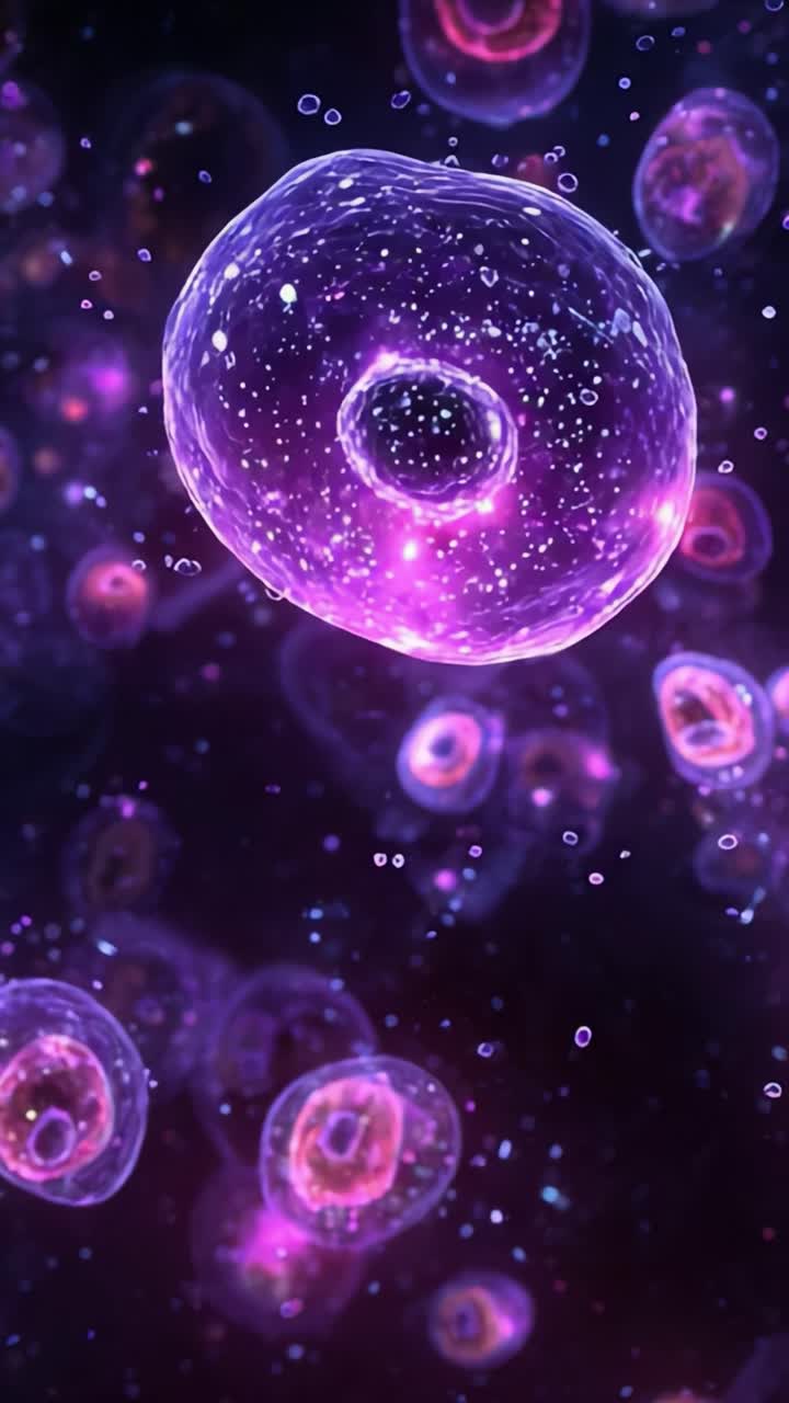 Uma imagem impressionante de células microscópicas flutuando em um ambiente cósmico vibrante com tons brilhantes de roxo e azul, capturando a beleza da vida celular em nível molecular
