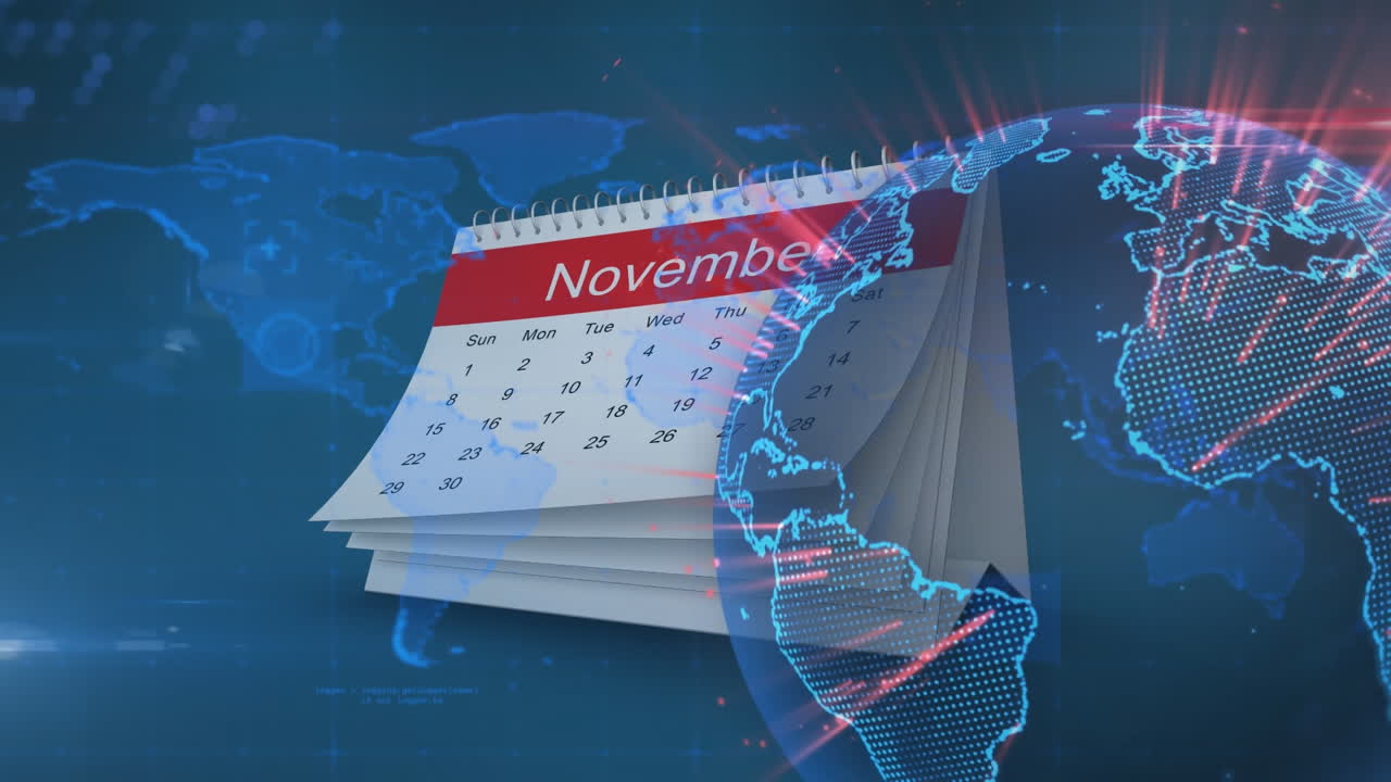 달력 과 세계 지도 위 에 있는 지구 의 애니메이션