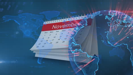 animación del globo sobre el calendario y el mapa del mundo