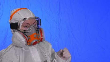 scientist virologist in respirator. woman close up look, wearing protective medical mask. concept health safety n1h1 coronavirus epidemic 2019 ncov.