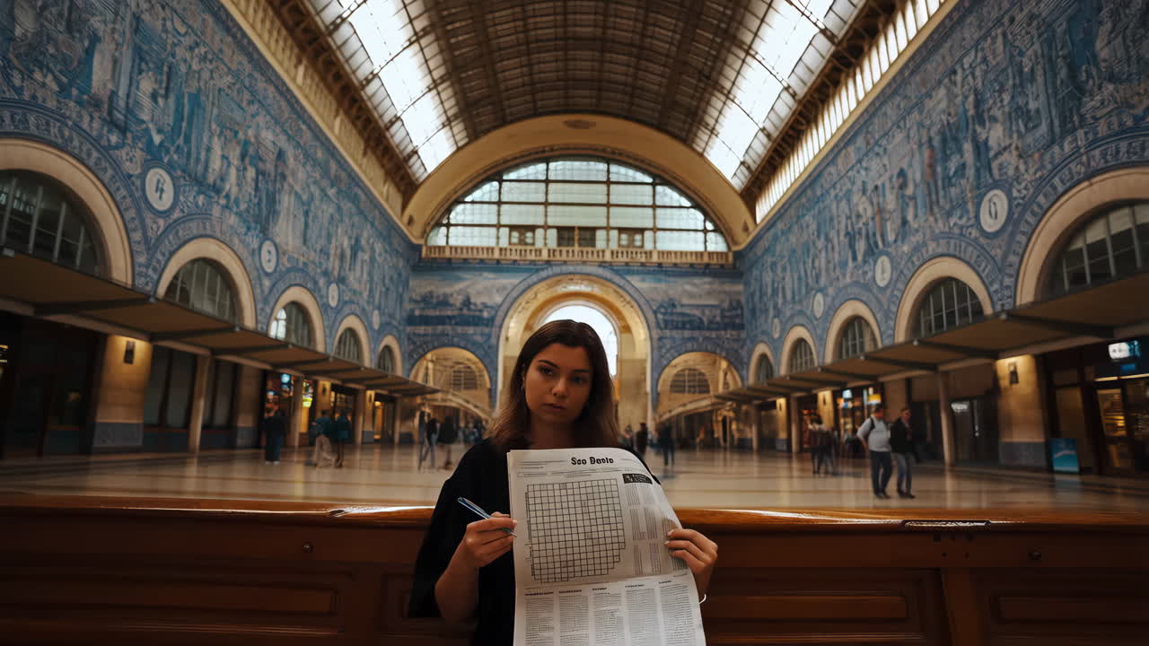 Woman doing crossword puzzle in train station