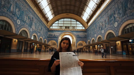 woman doing crossword puzzle in train station