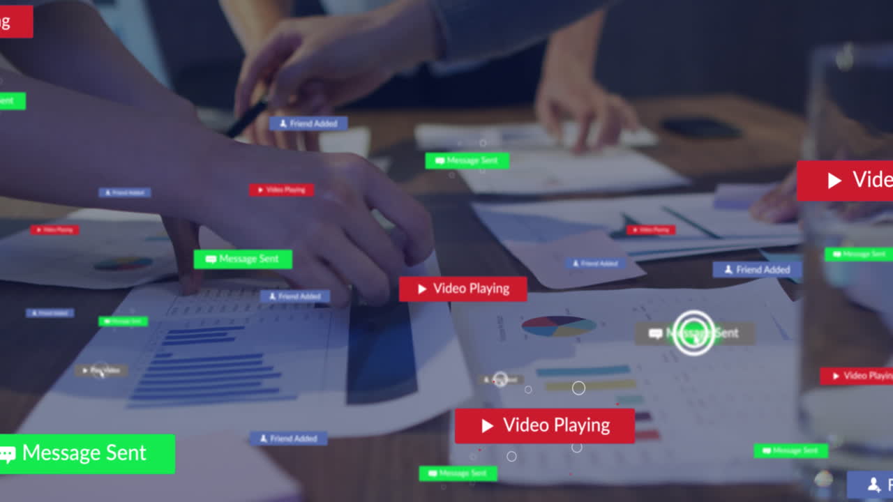 Animation of notification bars over midsection of diverse coworkers discussing reports in office