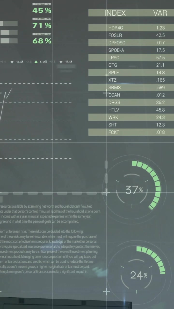 Animation of financial data processing over white office