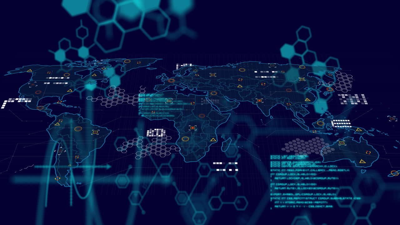 Animation of scientific data processing and world map over dark background