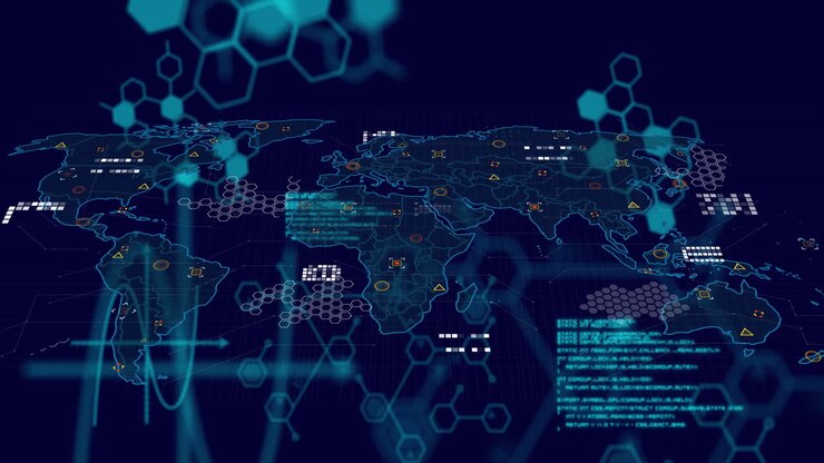 Animation of scientific data processing and world map over dark background