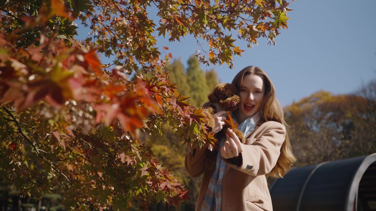 Bella donna con un piccolo barboncino mostra una foglia d'acero guardando la fotocamera in un parco autunnale